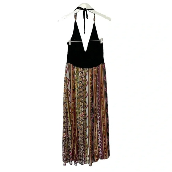 Mlle Gabrielle 1X black halter upper maxi sundress dress with boho print bottom - Picture 2 of 7